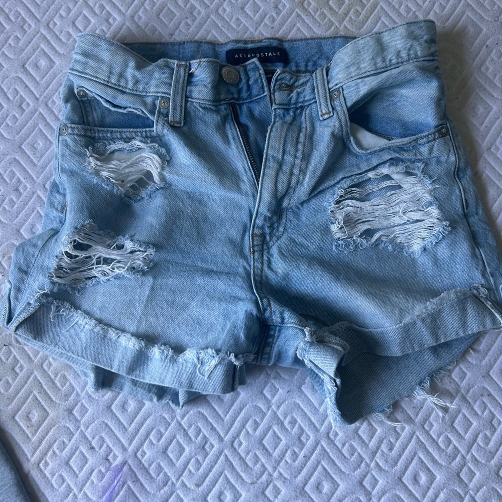Aeropostale Women's Distressed Jean Shorts - Light Blue